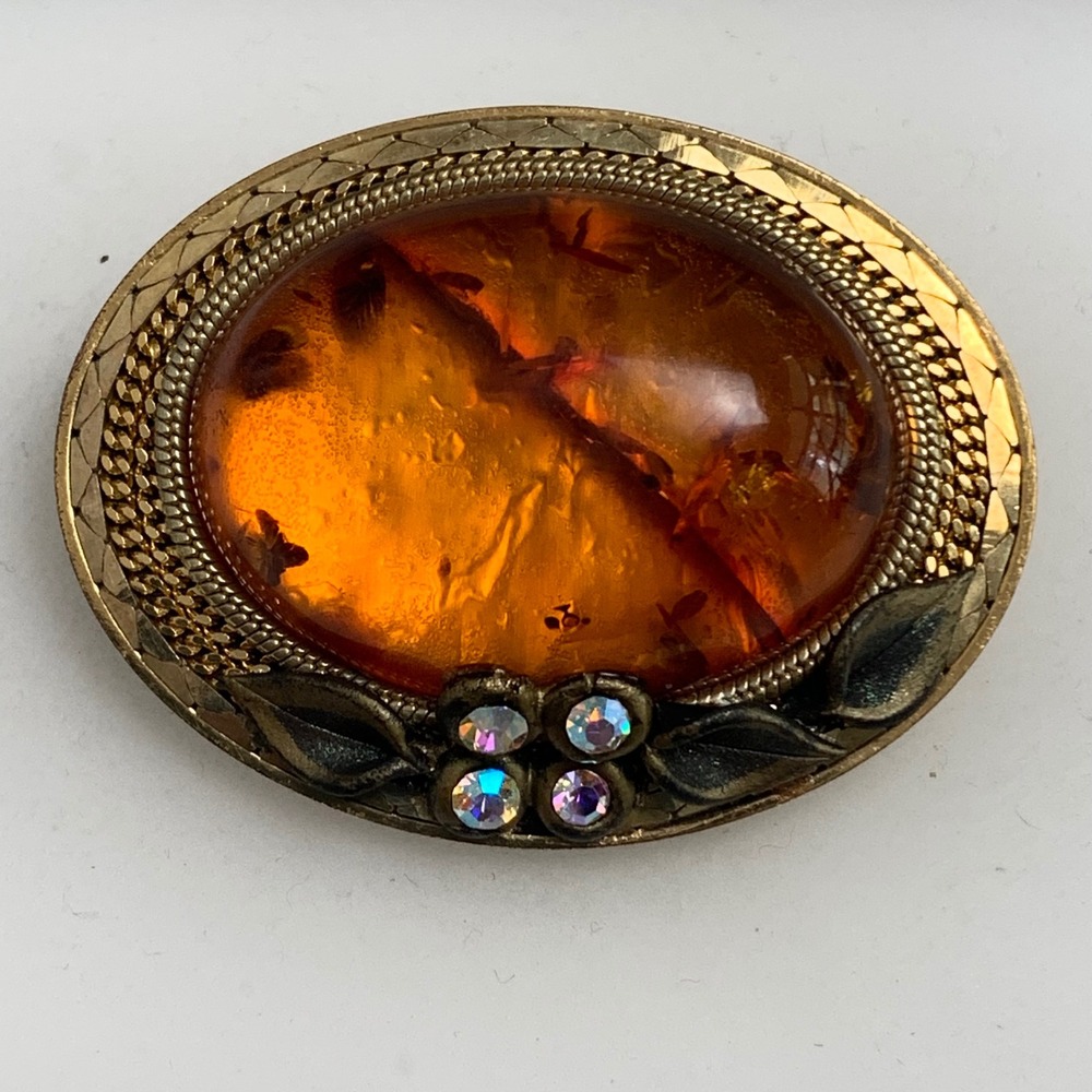 Art Deco by E Koller Austria Faux Amber Brooch Gold Tone AB Rhinestone Vintage